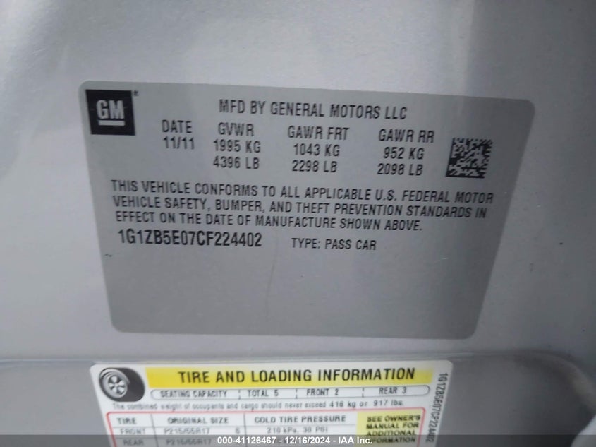 2012 CHEVROLET MALIBU VIN: 1G1ZB5E07CF224402