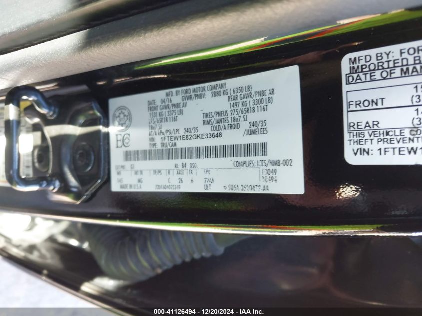 2016 Ford F-150 Xlt VIN: 1FTEW1E82GKE33648 Lot: 41126494