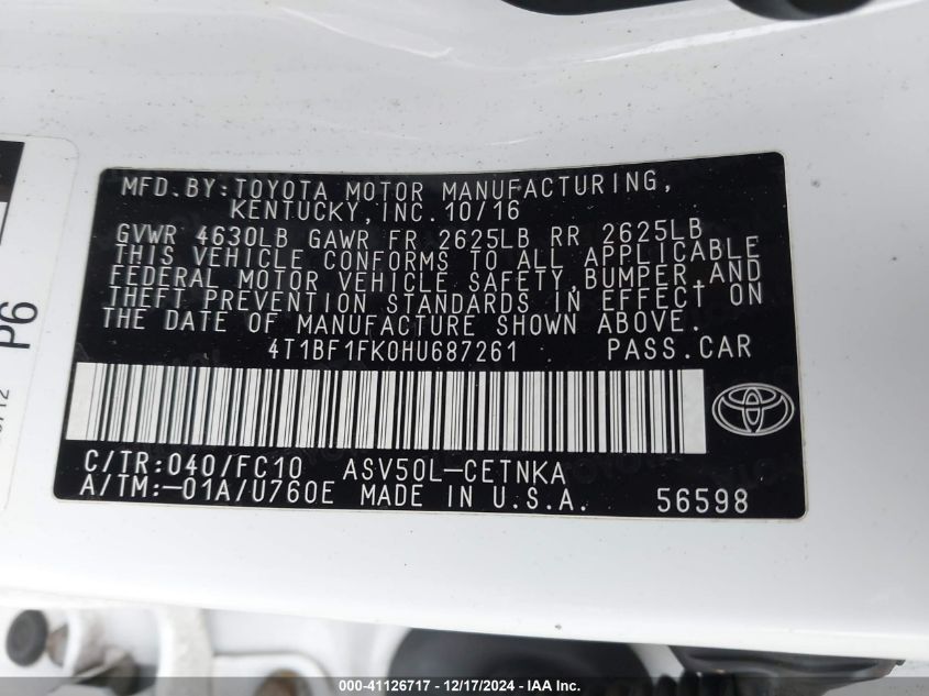 VIN 4T1BF1FK0HU687261 2017 TOYOTA CAMRY no.9