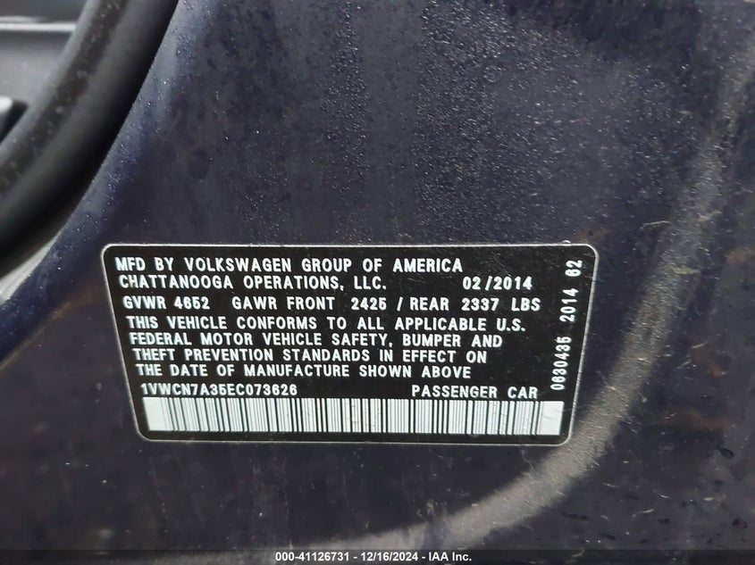 2014 VOLKSWAGEN PASSAT VIN: 1VWCN7A35EC073626