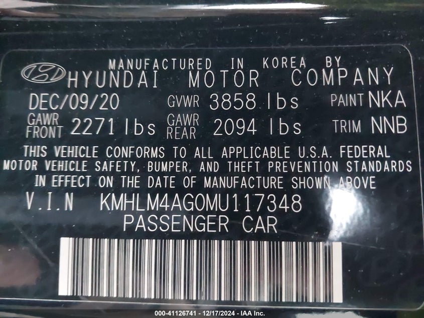 2021 HYUNDAI ELANTRA VIN: KMHLM4AG0MU117348