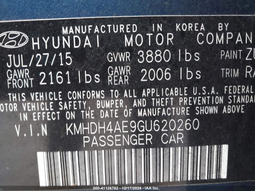 VIN KMHDH4AE9GU620260 2016 Hyundai Elantra, Limited no.9