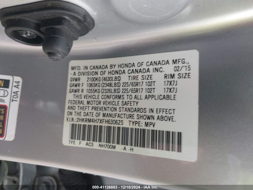 VIN 2HKRM4H7XFH630625 2015 Honda CR-V, Ex-L no.9