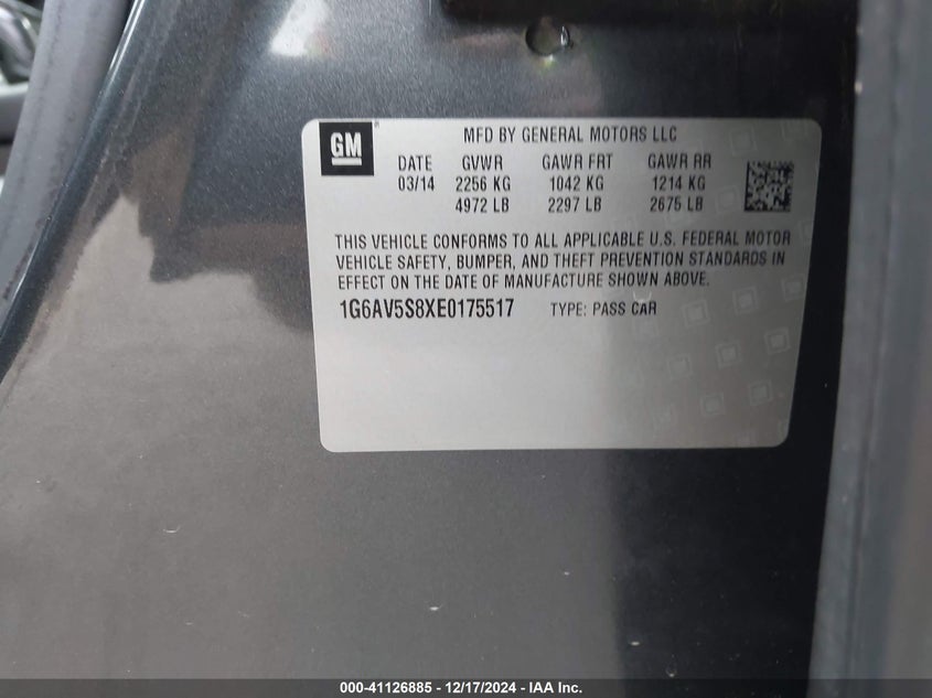 2014 CADILLAC CTS VIN: 1G6AV5S8XE0175517