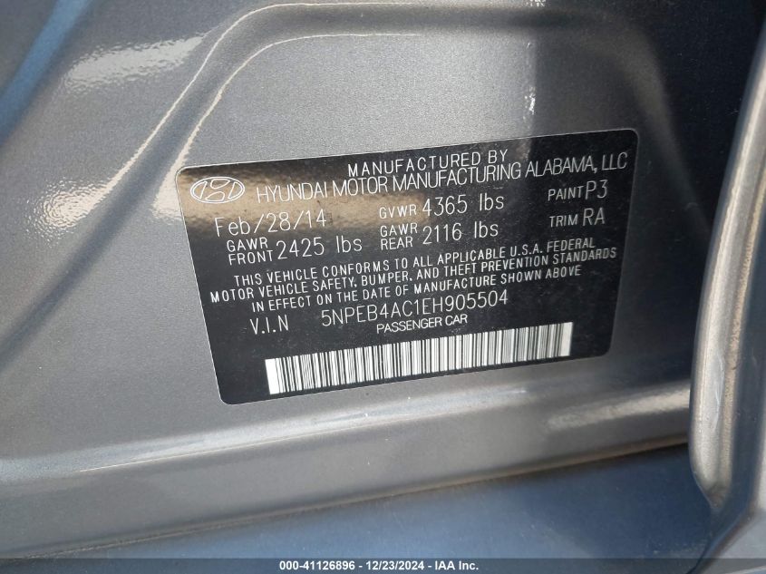 VIN 5NPEB4AC1EH905504 2014 Hyundai Sonata, Gls no.9