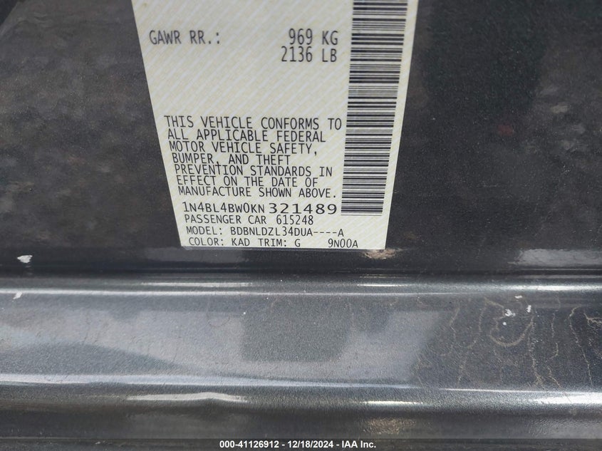 2019 NISSAN ALTIMA VIN: 1N4BL4BW0KN321489