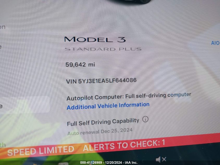 2020 Tesla Model 3 Standard Range Plus Rear-Wheel Drive/Standard Range Rear-Wheel Drive VIN: 5YJ3E1EA5LF644086 Lot: 41126989