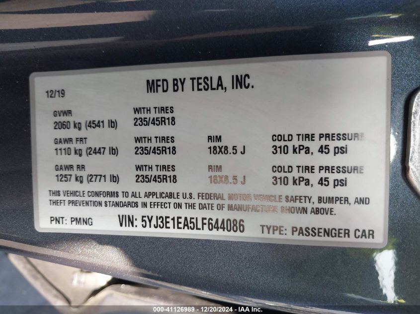 2020 Tesla Model 3 Standard Range Plus Rear-Wheel Drive/Standard Range Rear-Wheel Drive VIN: 5YJ3E1EA5LF644086 Lot: 41126989