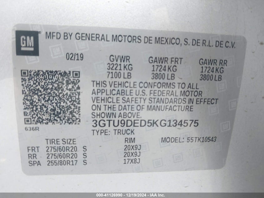 2019 GMC SIERRA 1500 VIN: 3GTU9DED5KG134575
