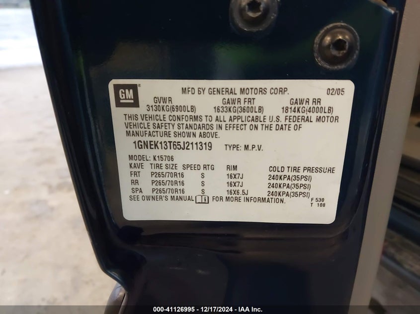 2005 Chevrolet Tahoe Ls VIN: 1GNEK13T65J211319 Lot: 41126995