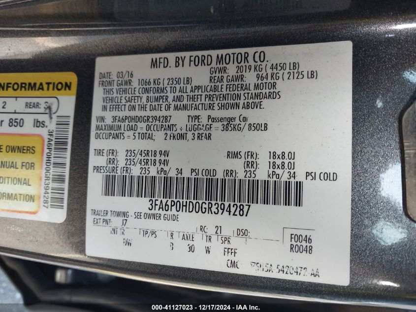 VIN 3FA6P0HD0GR394287 2016 Ford Fusion, SE no.9