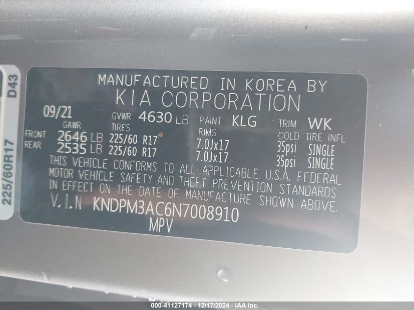 2022 Kia Sportage Lx VIN: KNDPM3AC6N7008910 Lot: 41127174