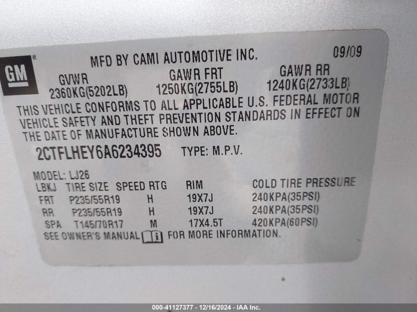 2010 GMC Terrain Slt-2 VIN: 2CTFLHEY6A6234395 Lot: 41127377