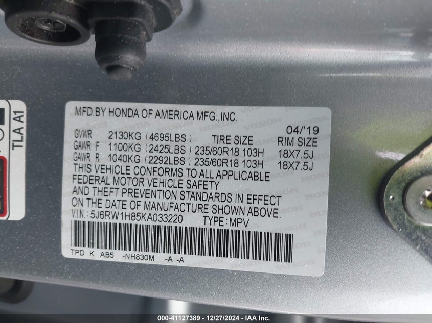 2019 HONDA CR-V EX-L - 5J6RW1H85KA033220