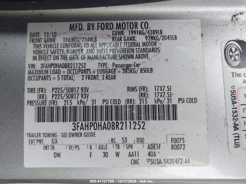 2011 Ford Fusion Se VIN: 3FAHP0HA0BR211252 Lot: 41127789