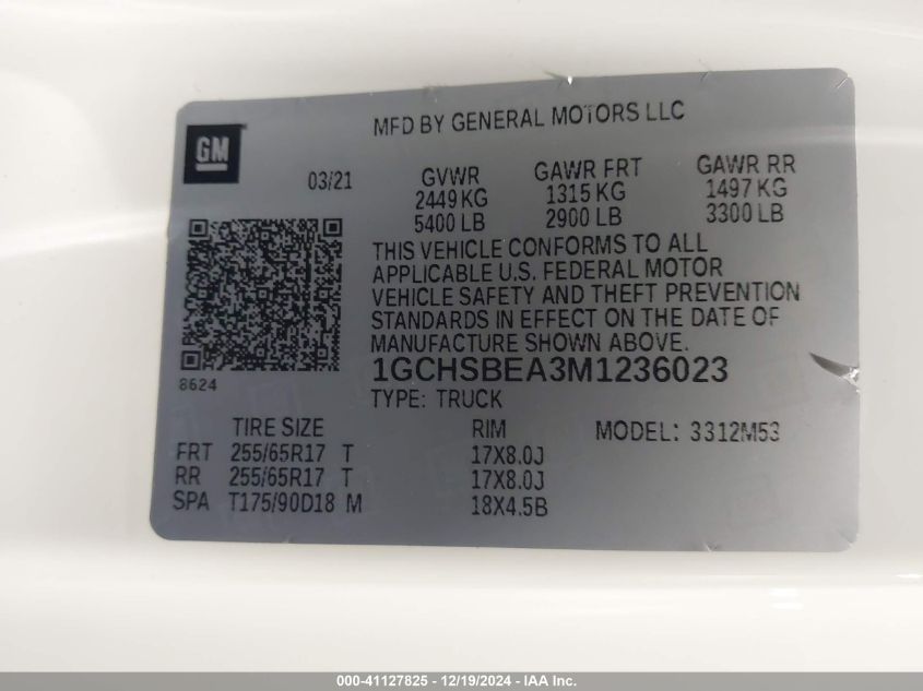 2021 CHEVROLET COLORADO VIN: 1GCHSBEA3M1236023