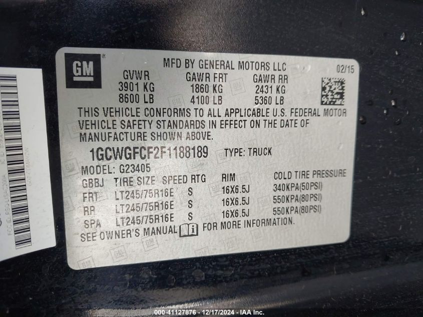 VIN 1GCWGFCF2F1188189 2015 CHEVROLET EXPRESS 2500 no.9