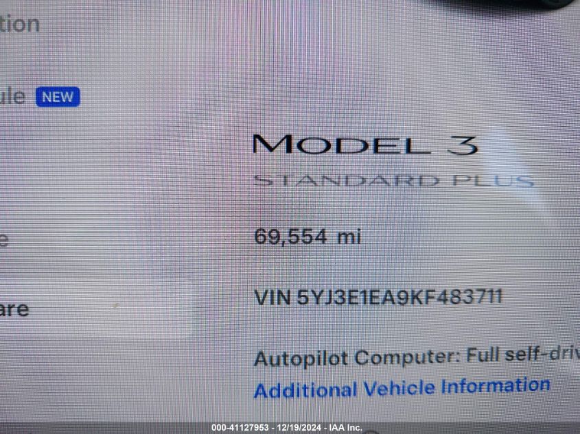 2019 TESLA MODEL 3 LONG RANGE/MID RANGE/STANDARD RANGE/STANDARD RANGE PLUS - 5YJ3E1EA9KF483711