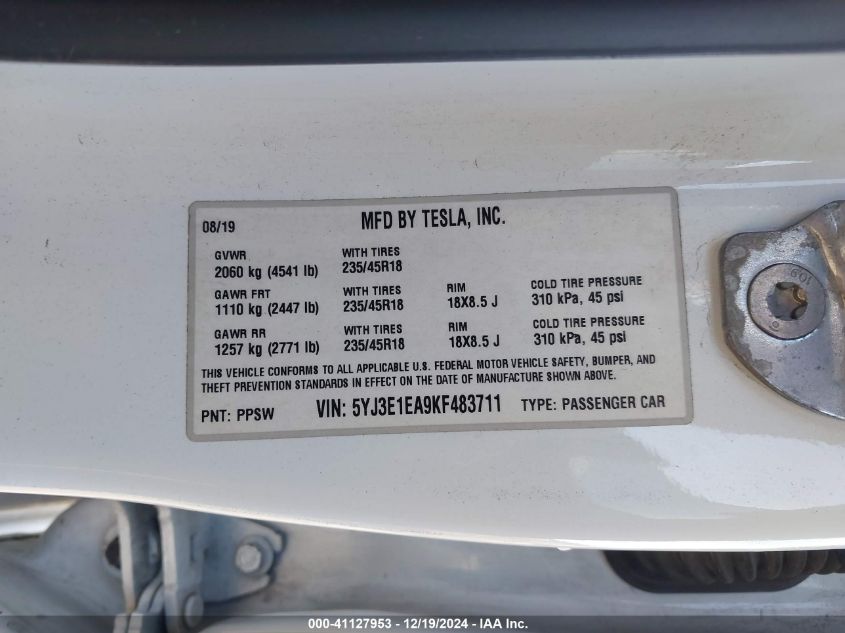 2019 TESLA MODEL 3 LONG RANGE/MID RANGE/STANDARD RANGE/STANDARD RANGE PLUS - 5YJ3E1EA9KF483711