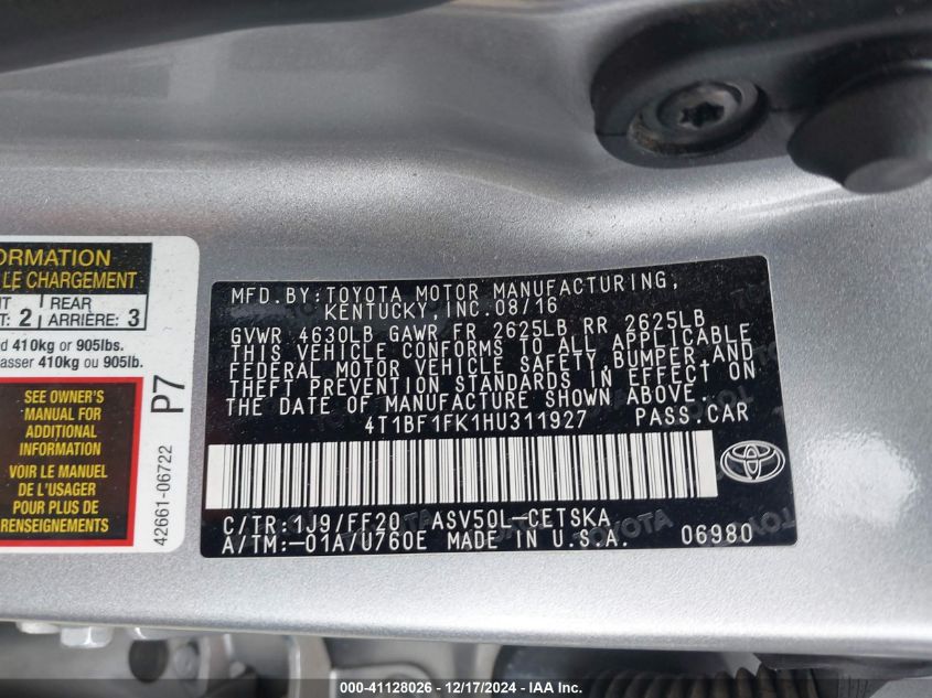 VIN 4T1BF1FK1HU311927 2017 Toyota Camry, SE no.9