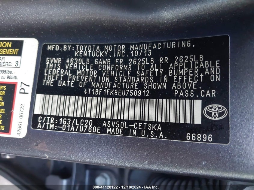 2014 TOYOTA CAMRY VIN: 4T1BF1FK8EU750912