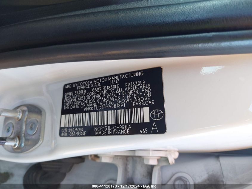 VIN VNKKTUD31HA081891 2017 TOYOTA YARIS L