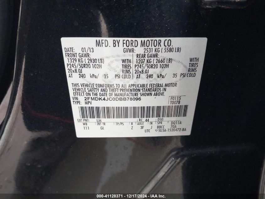 VIN 2FMDK4JC0DBB78096 2013 Ford Edge, Sel no.9