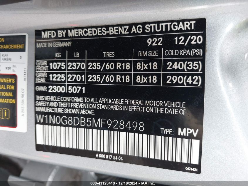 2021 Mercedes-Benz Glc 300 Suv VIN: W1N0G8DB5MF928498 Lot: 41128419