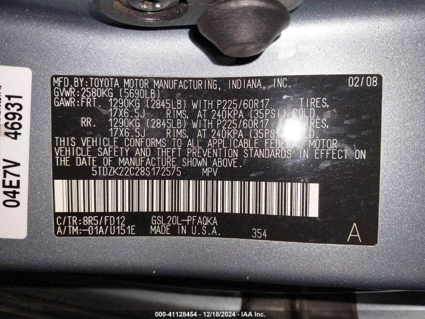 2008 Toyota Sienna VIN: 5TVVK22C28S172575 Lot: 41128454