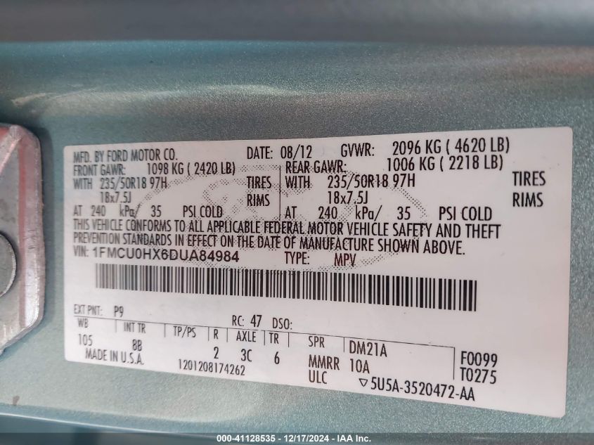 2013 Ford Escape Sel VIN: 1FMCU0HX6DUA84984 Lot: 41128535