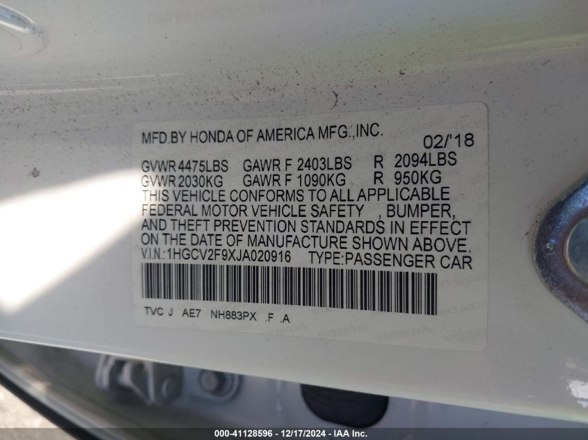 VIN 1HGCV2F9XJA020916 2018 Honda Accord, Touring 2.0T no.9