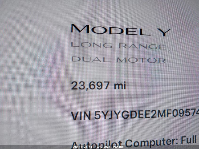 2021 Tesla Model Y Long Range Dual Motor All-Wheel Drive VIN: 5YJYGDEE2MF095744 Lot: 41128741