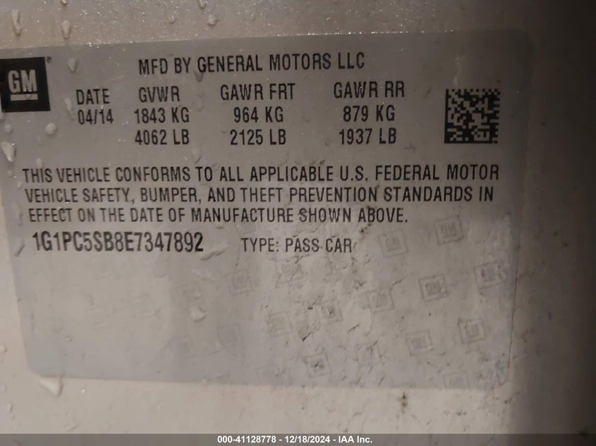 2014 CHEVROLET CRUZE VIN: 1G1PC5SB8E7347892