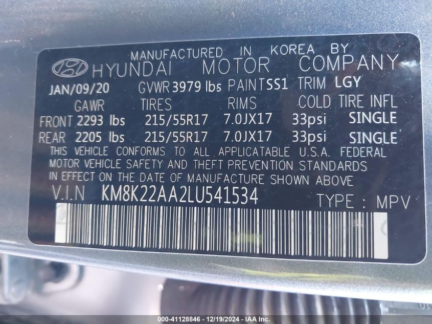 2020 Hyundai Kona Sel VIN: KM8K22AA2LU541534 Lot: 41128846