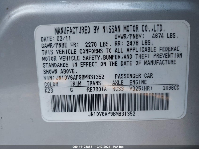 2011 INFINITI G25 VIN: JN1DV6AP9BM831352