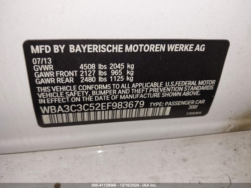 VIN WBA3C3C52EF983679 2014 BMW 3 Series, 320I Xdrive no.9