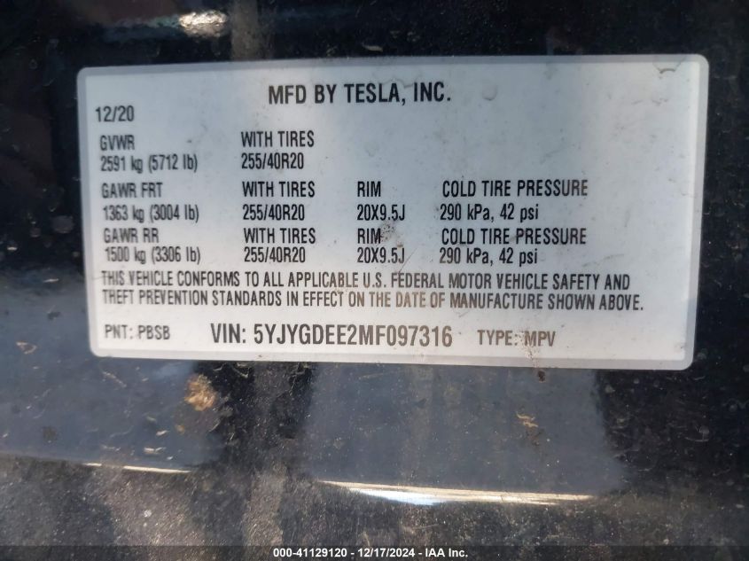 2021 TESLA MODEL Y LONG RANGE DUAL MOTOR ALL-WHEEL DRIVE - 5YJYGDEE2MF097316