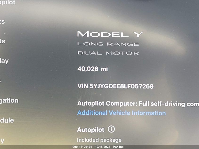 2020 Tesla Model Y Long Range Dual Motor All-Wheel Drive VIN: 5YJYGDEE8LF057269 Lot: 41129194