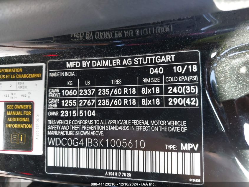 VIN WDC0G4JB3K1005610 2019 MERCEDES-BENZ GLC 300