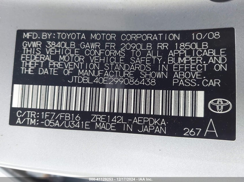 2009 TOYOTA COROLLA VIN: JTDBL40E299086438