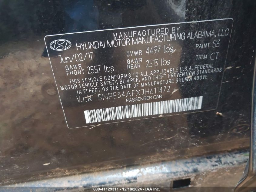 VIN 5NPE34AFXJH611472 2018 Hyundai Sonata, Sport no.9