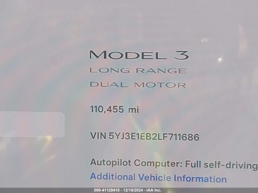 2020 Tesla Model 3 Long Range Dual Motor All-Wheel Drive VIN: 5YJ3E1EB2LF711686 Lot: 41129410