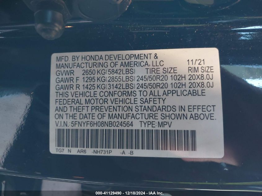 VIN 5FNYF6H08NB024564 2022 HONDA PILOT no.9