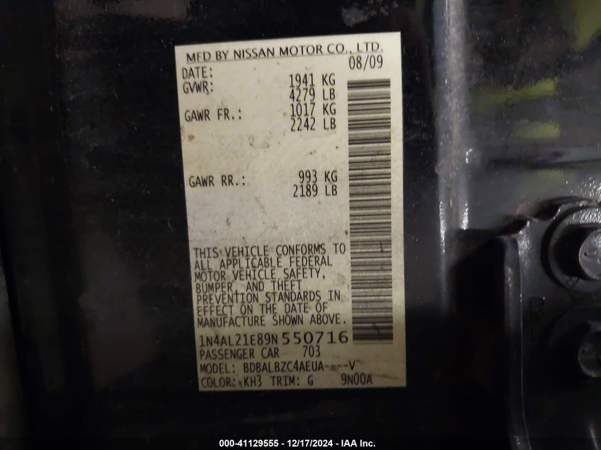2009 NISSAN ALTIMA VIN: 1N4AL21E89N550716
