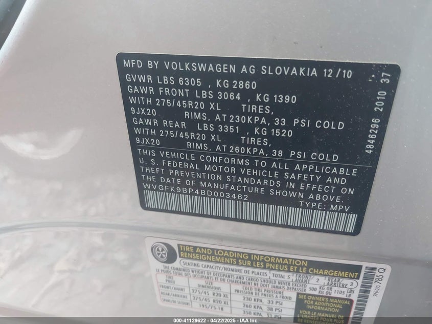 2011 VOLKSWAGEN TOUAREG VIN: WVGFK9BP4BD003462