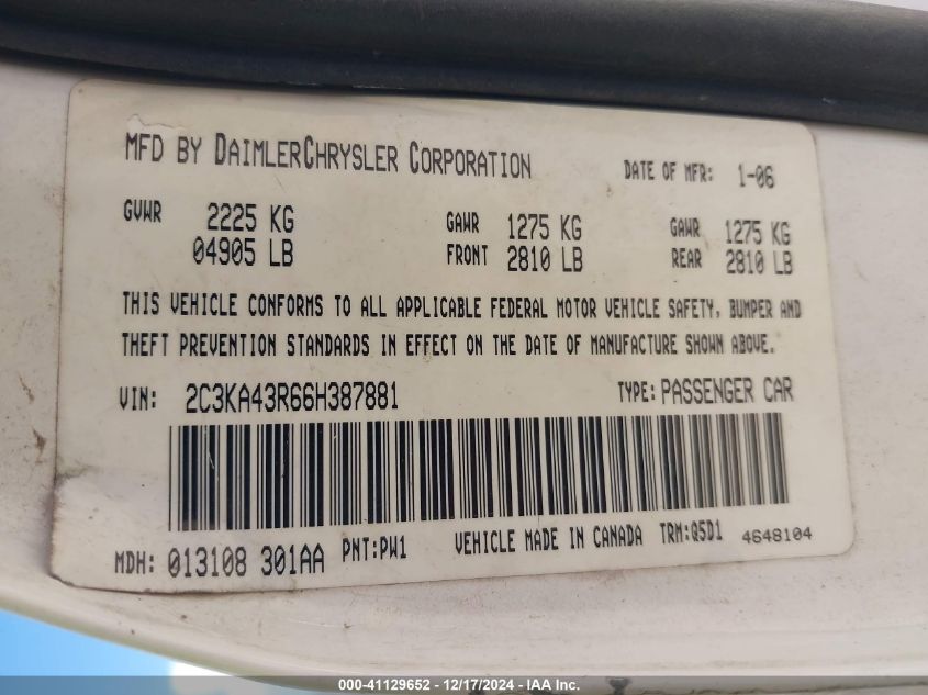 2006 Chrysler 300 VIN: 2C3KA43R66H387881 Lot: 41129652
