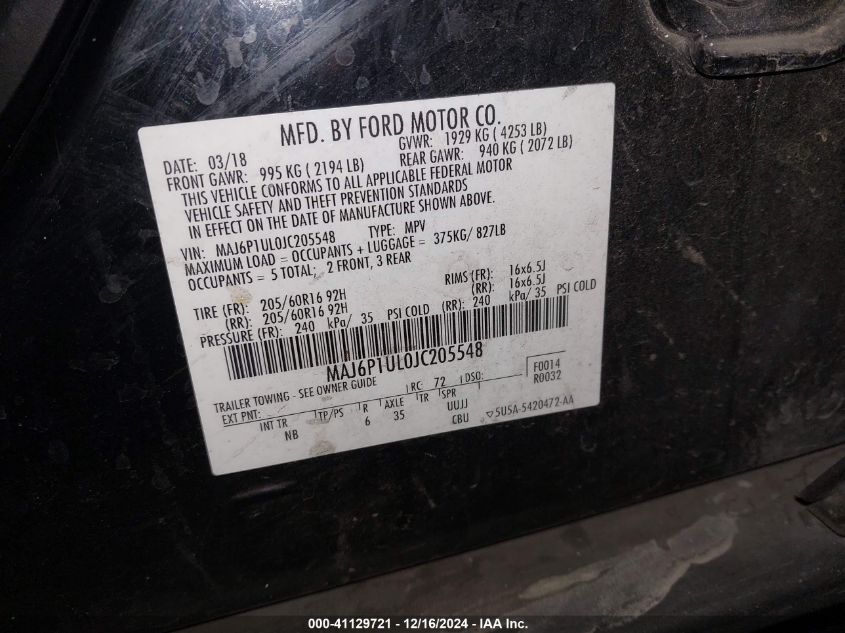 VIN MAJ6P1UL0JC205548 2018 Ford Ecosport, SE no.9