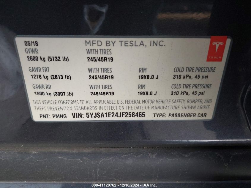 2018 Tesla Model S 100D/75D/P100D VIN: 5YJSA1E24JF258465 Lot: 41129762