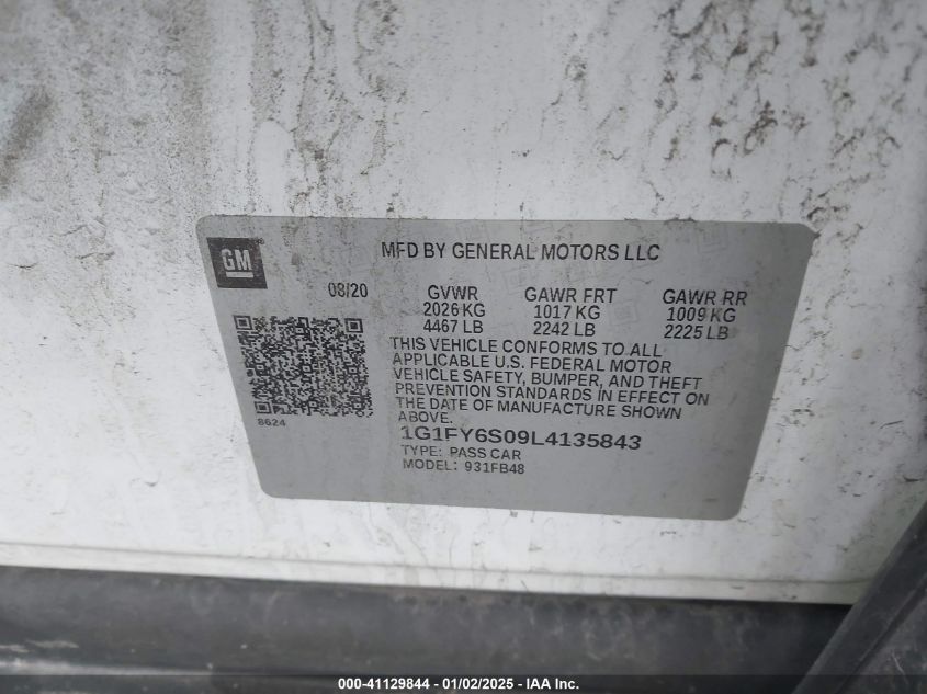 VIN 1G1FY6S09L4135843 2020 Chevrolet Bolt, Ev Fwd Lt no.9