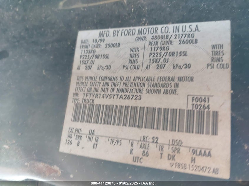 2000 Ford Ranger Xl/Xlt VIN: 1FTYR14V5YTA26723 Lot: 41129875